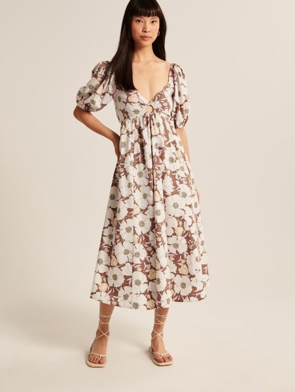 Abercrombie & Fitch O-Ring Puff Sleeve Midi Dress Brown Floral Size XS